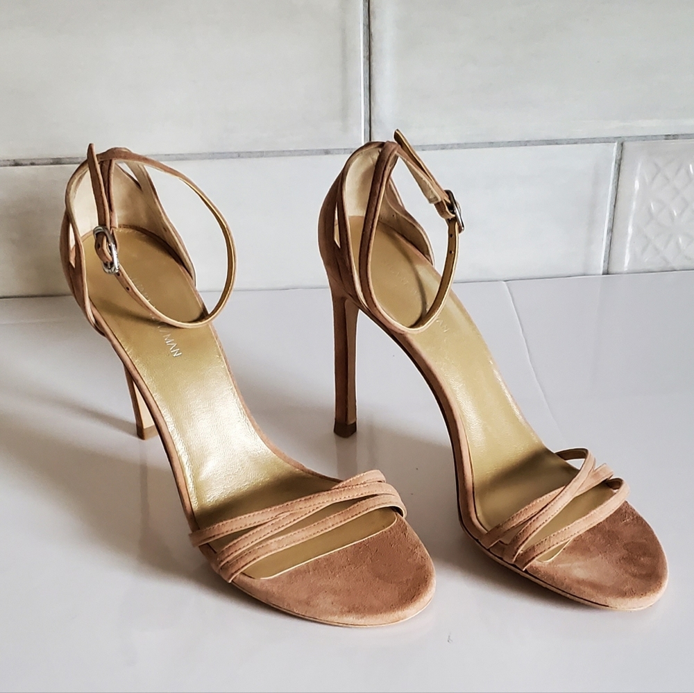 Stuart Weitzman Women's 8.5 Soft Pink Suede Open Toe Ankle Strap High Heel